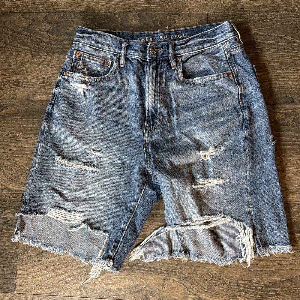 American Eagle Sz 4 Distressed Bermuda Denim Shorts Baggy Jorts Grunge Skater
